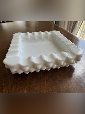 Vintage Fenton Hobnail milk glass square ashtray